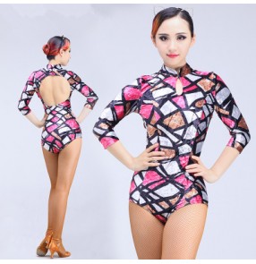 Colorful plaid turquoise leopard black velvet backless middle long sleeves competition performance latin ballroom cha cha dance leotards tops catsuits jumpsuits bodysuits